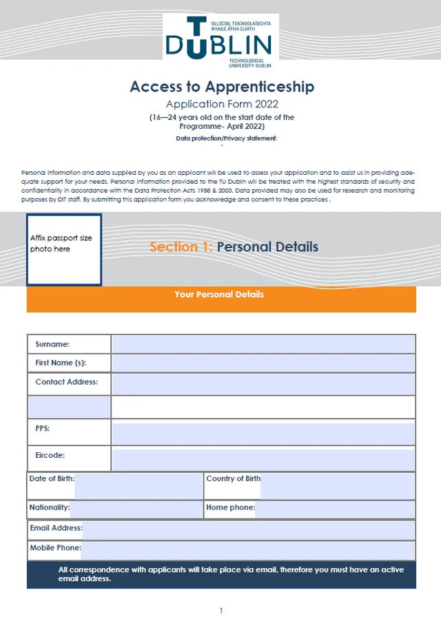 Access to Apprenticeship Application Form Image